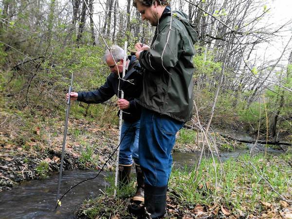 Gary Lamberti, professor of biological sciences at the University of Notre Dame, and Brett Peters, assistant director, ND Environmental Change Initiative, conduct a stream capacity study at St